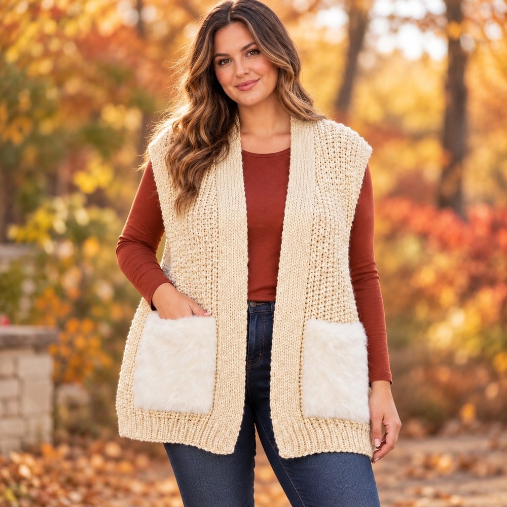 VEX Collection Cream Chunky Knit Vest Faux Fur Pockets One Size Open Front Boho